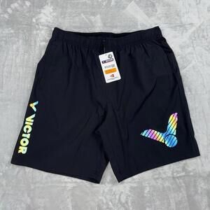 NWT Victor Black Badminton Shorts Asian XL US L Holographic Logo Performance Gym